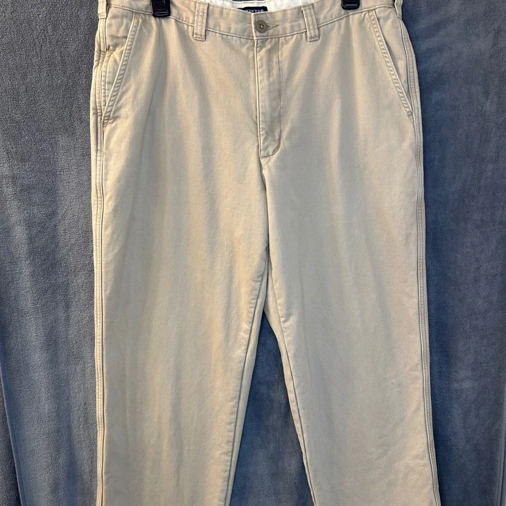 Lands End Mens 34x31 Traditional Fit Plaid Flannel Lined Chino Pants Khaki